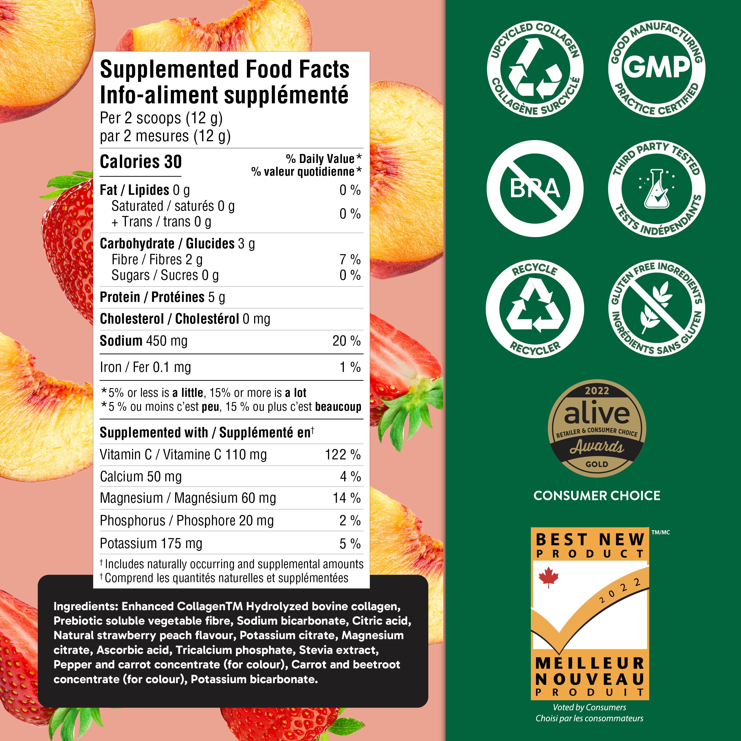 Organika Canadian-Made Electrolytes + Enhanced Collagen - Strawberry Peach Flavour - Sugar-Free Hydration | 5g Protein + 100% of Daily Vitamin C - 360g, 30 Servings 🍁 All In One Marketplace Canada