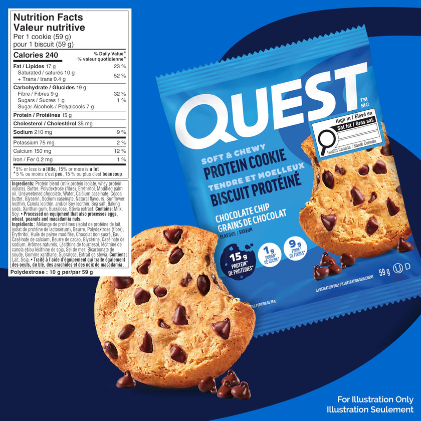 Quest Nutrition Chocolate Chip Protein Cookie, High Protein, High Fibre, Low Sugar, Keto Friendly, 15g Protein, 1g Sugar, 12ct 🍁 All In One Marketplace Canada