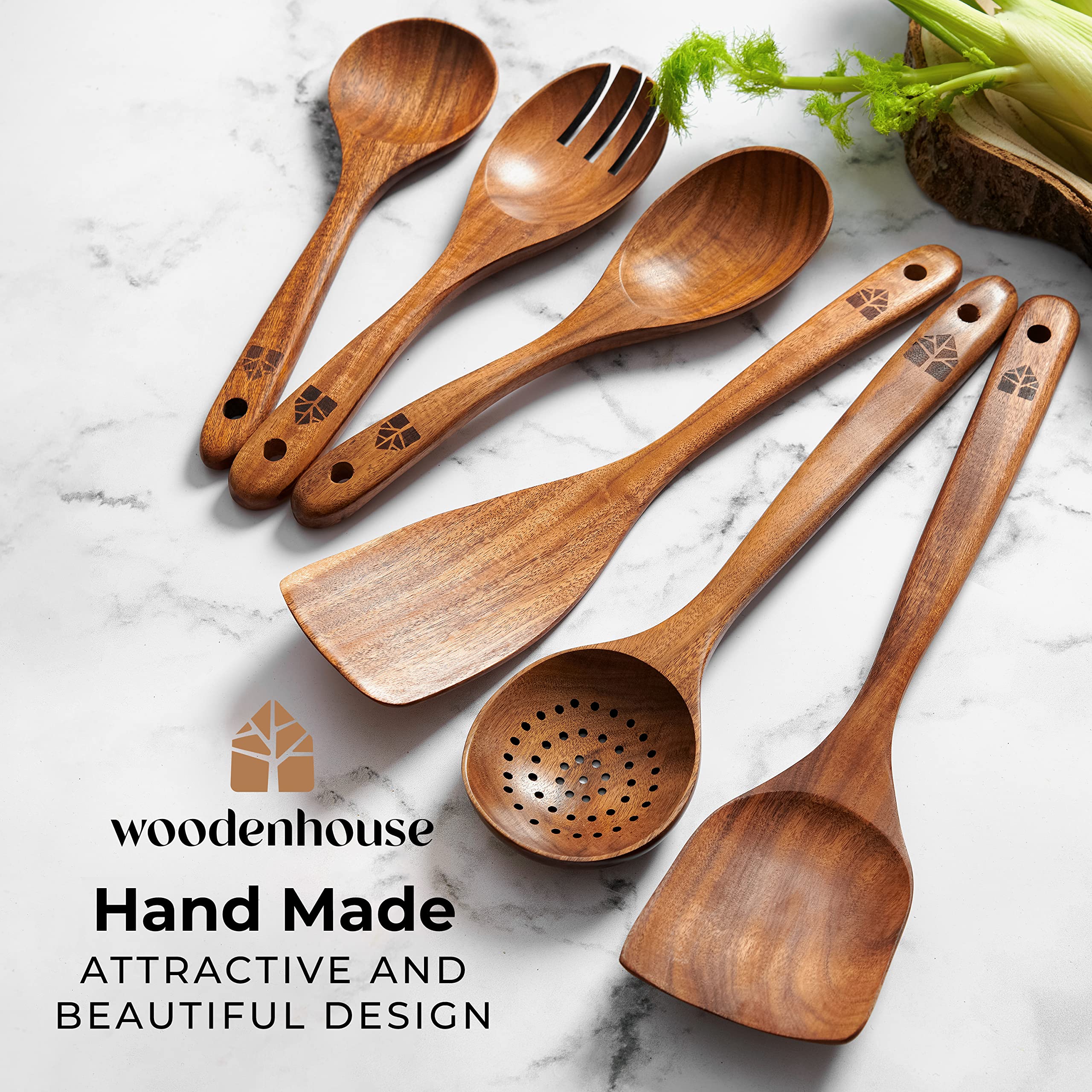 Wooden Spoons for Cooking – Wooden Kitchen Utensils Set, 6 Pcs Teak Wood Utensil Set – Comfortable Grip Non–Stick Wooden Cooking Utensils 🍁 All In One Marketplace Canada