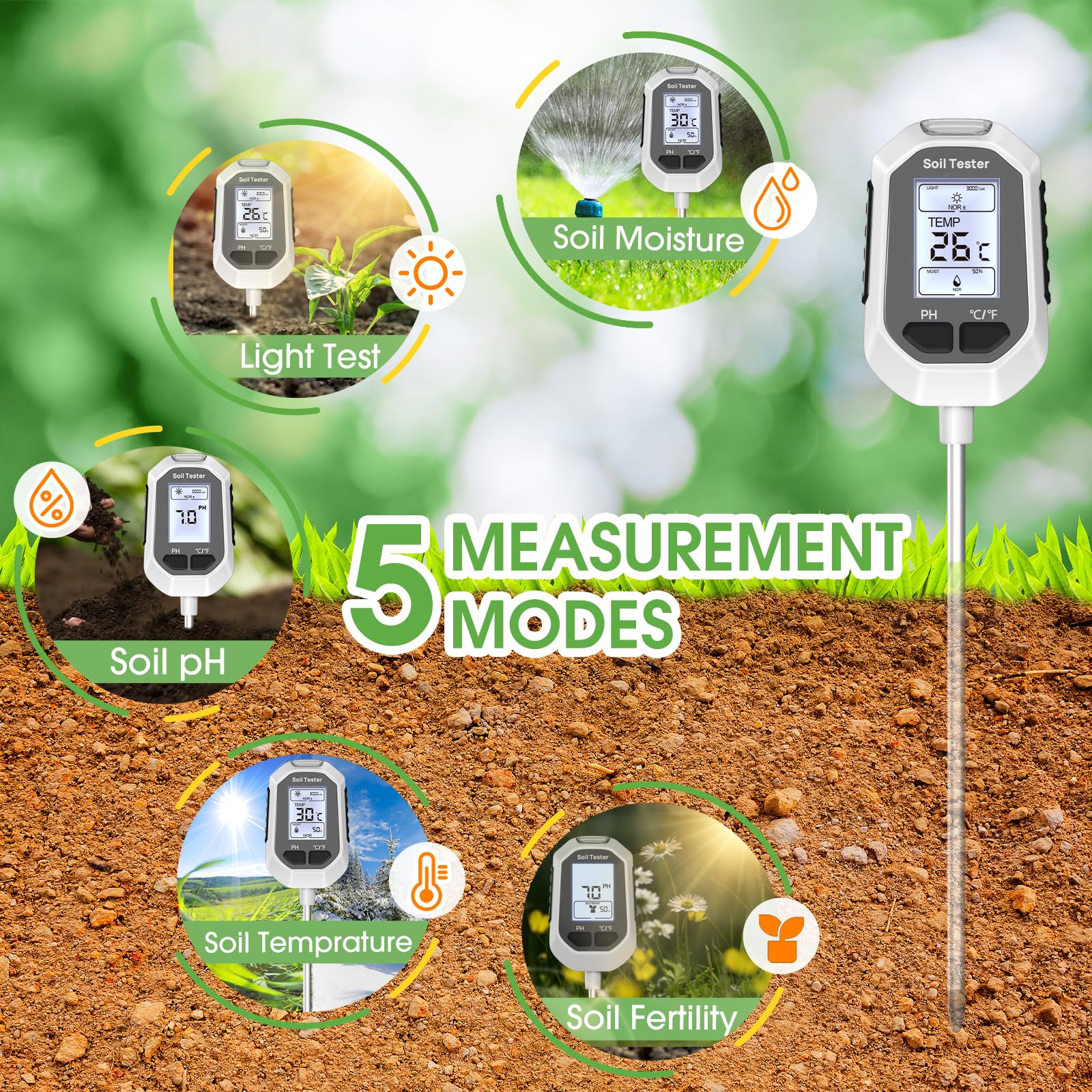 5-in-1 Soil Moisture Meter Digital Plant Temperature/Soil Moisture/PH Meter/Sunlight Intensity/Soil Fertility Backlight LCD Display Soil Test Meter for Gardening, Farming and Outdoor Plants 🍁 All In One Marketplace Canada