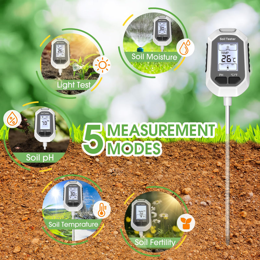 5-in-1 Soil Moisture Meter Digital Plant Temperature/Soil Moisture/PH Meter/Sunlight Intensity/Soil Fertility Backlight LCD Display Soil Test Meter for Gardening, Farming and Outdoor Plants 🍁 All In One Marketplace Canada