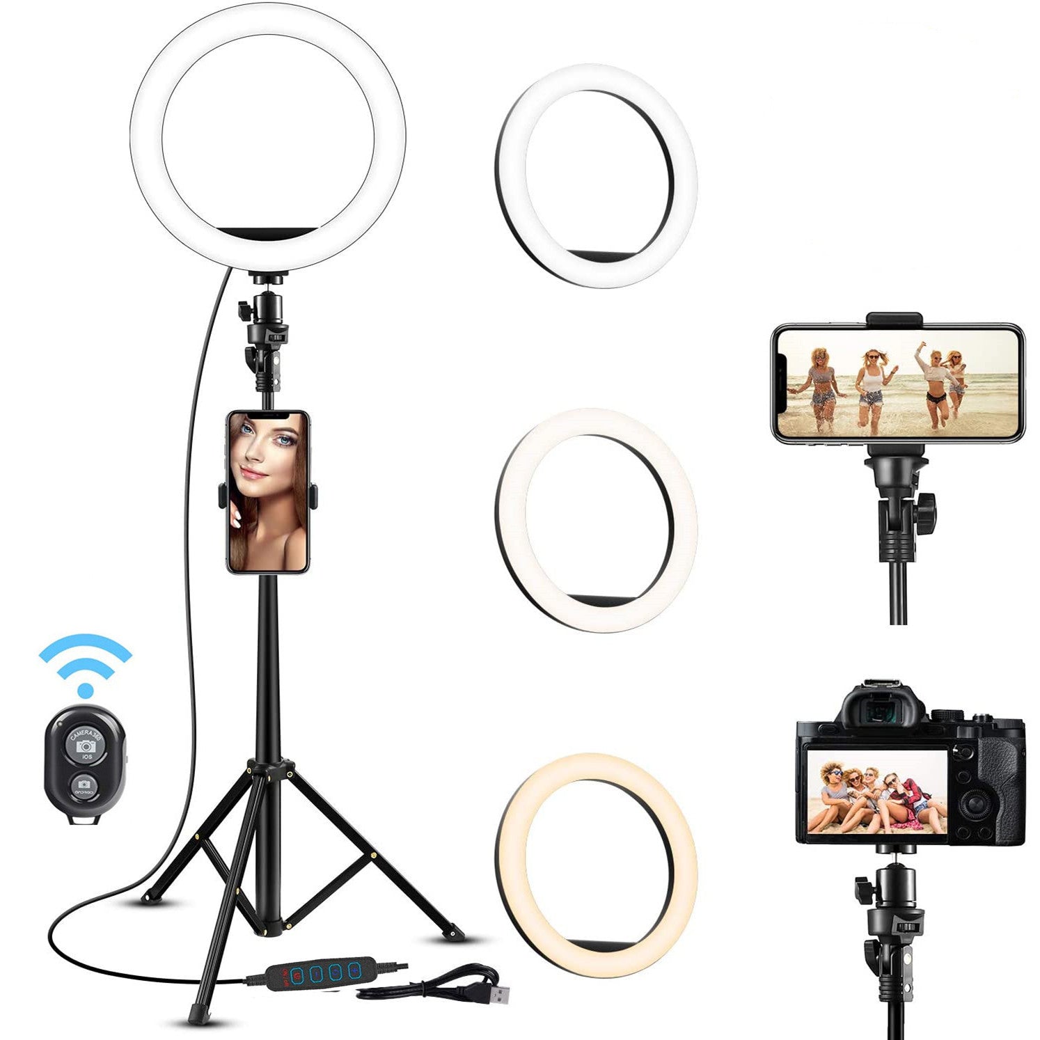 LED Ring Light with Tripod Stand, 8 10 12 inch, USB Powered, Phone Holder and Bluetooth Remote
