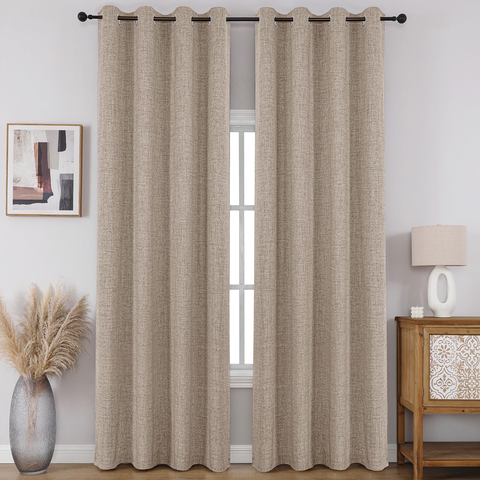 CUCRAF 100% Blackout Window Curtains 84 inches Long 2 Panels Set, Faux Linen Look Thermal Insulated Grommet Drapes, Room Darkening Curtain for Bedroom Living Room(W52 x L84 Inch, Light Khaki) 🍁 All In One Marketplace Canada