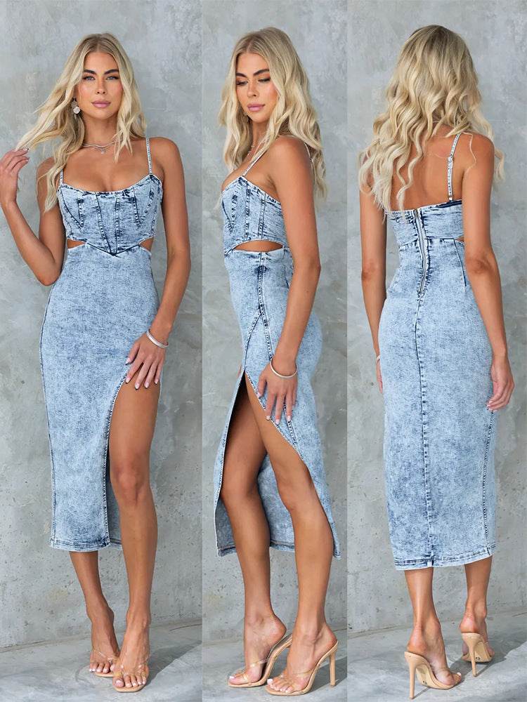 Women's Fashion Personalized Sleeveless Sling Denim Split Midi fitted Dress