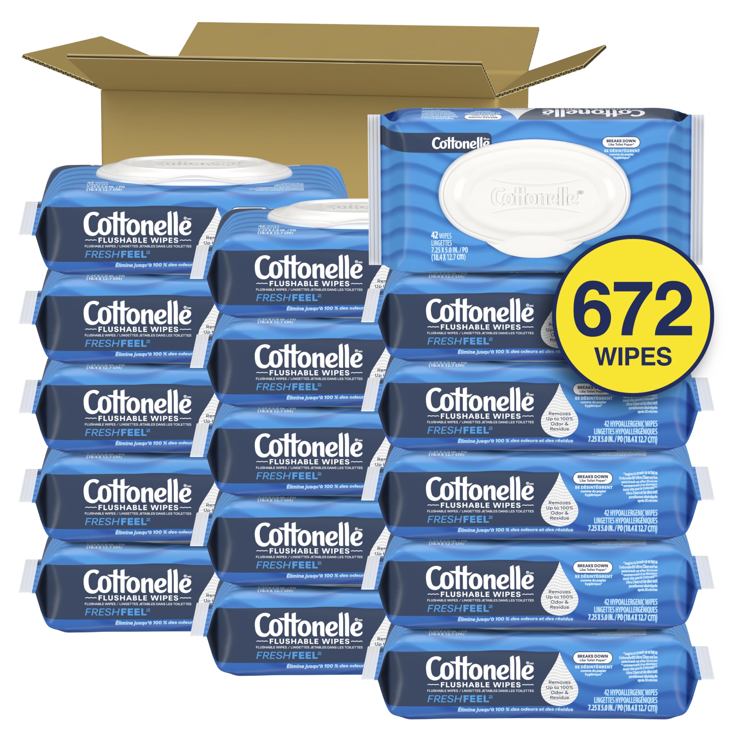 Flushable Wet Wipes, Cottonelle FreshCare, Biodegradable & Septic Safe, 16 Flip-Top Packs of 42 (672 Wipes) 🍁 All In One Marketplace Canada