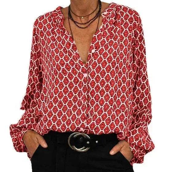 Women's V-Neck Button-Down Blouse, Long Sleeve Shirt