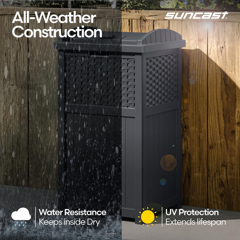 Suncast 33 Gallon Wicker-Style Hideaway Trash Can with Secure Latching Lid and Weather-Resistant Construction for Patio, Cyberspace Grey, Made in the USA 🍁 All In One Marketplace Canada