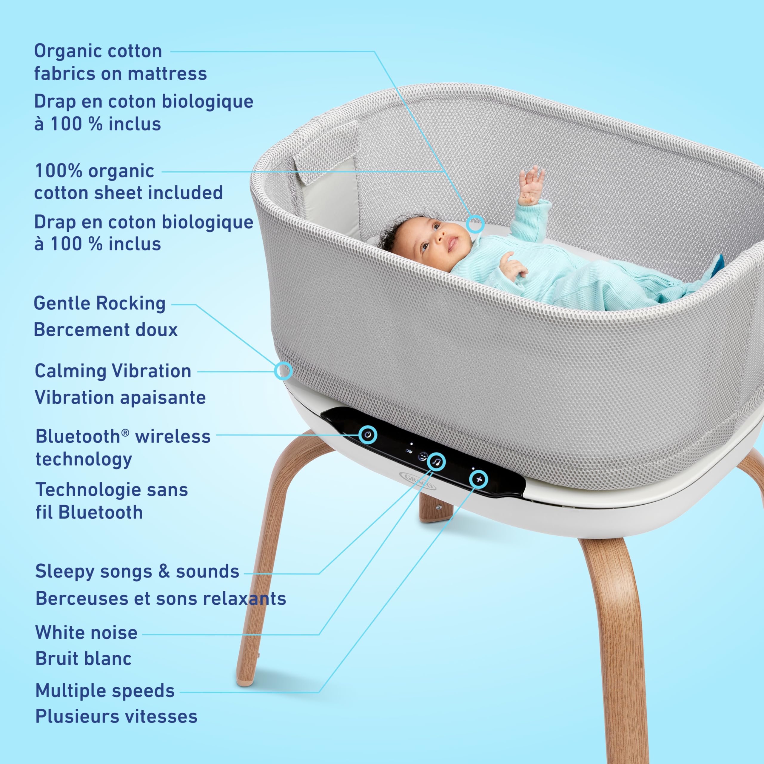 Graco SmartSense Soothing Baby Bassinet & Rocker with Cry Detection Technology, Includes 100% Organic Cotton Sheet, Luna 🍁 All In One Marketplace Canada