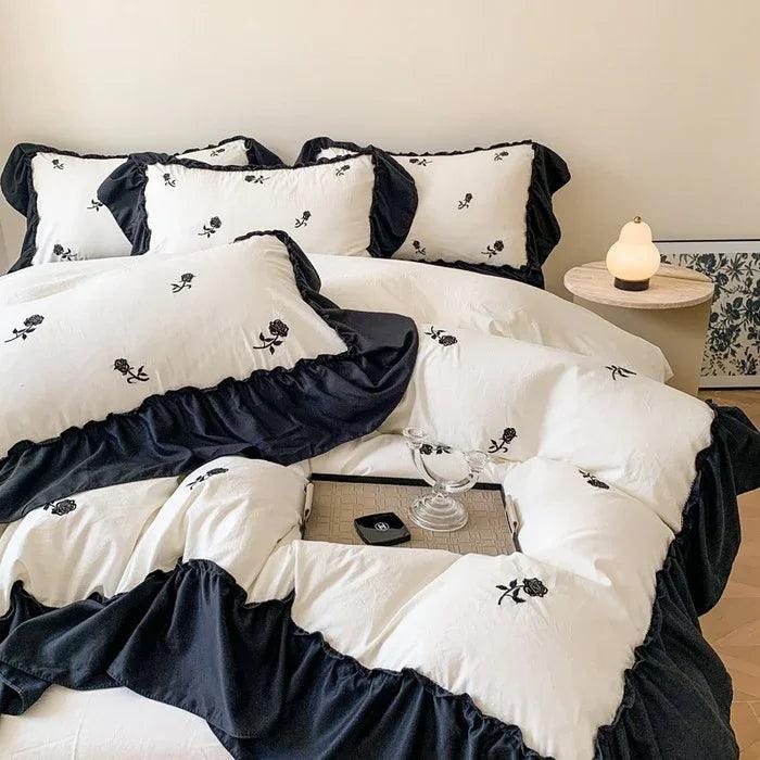 Embroidered Wide Edge Floral Washed Cotton Four-piece Duvet Cover Bedding Set