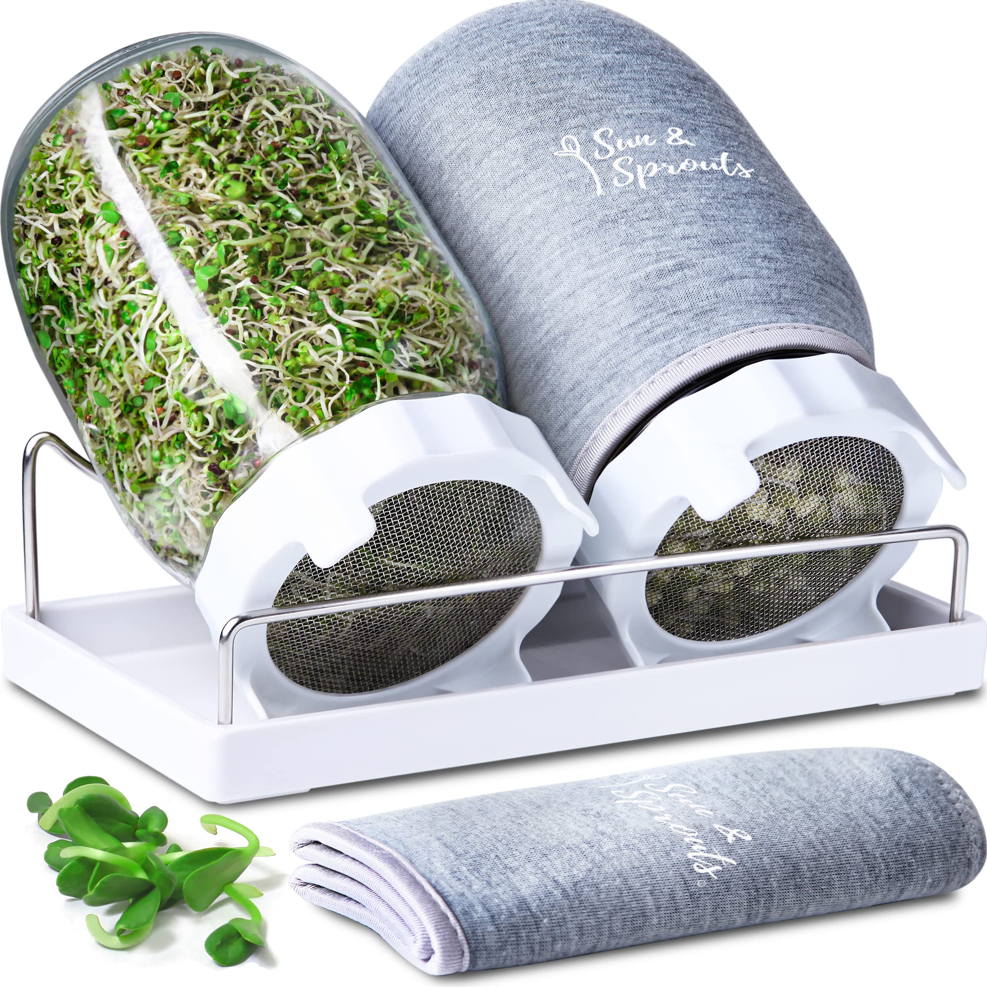 Sun & Sprouts The Original Complete Sprouting Kit - 2 Large Wide-Mouth Mason Jars, Premium Screen lids, Blackout Sleeves, Tray, Sprouter Stand - for Growing Broccoli, Mung Bean, Alfalfa from Seed 🍁 All In One Marketplace Canada