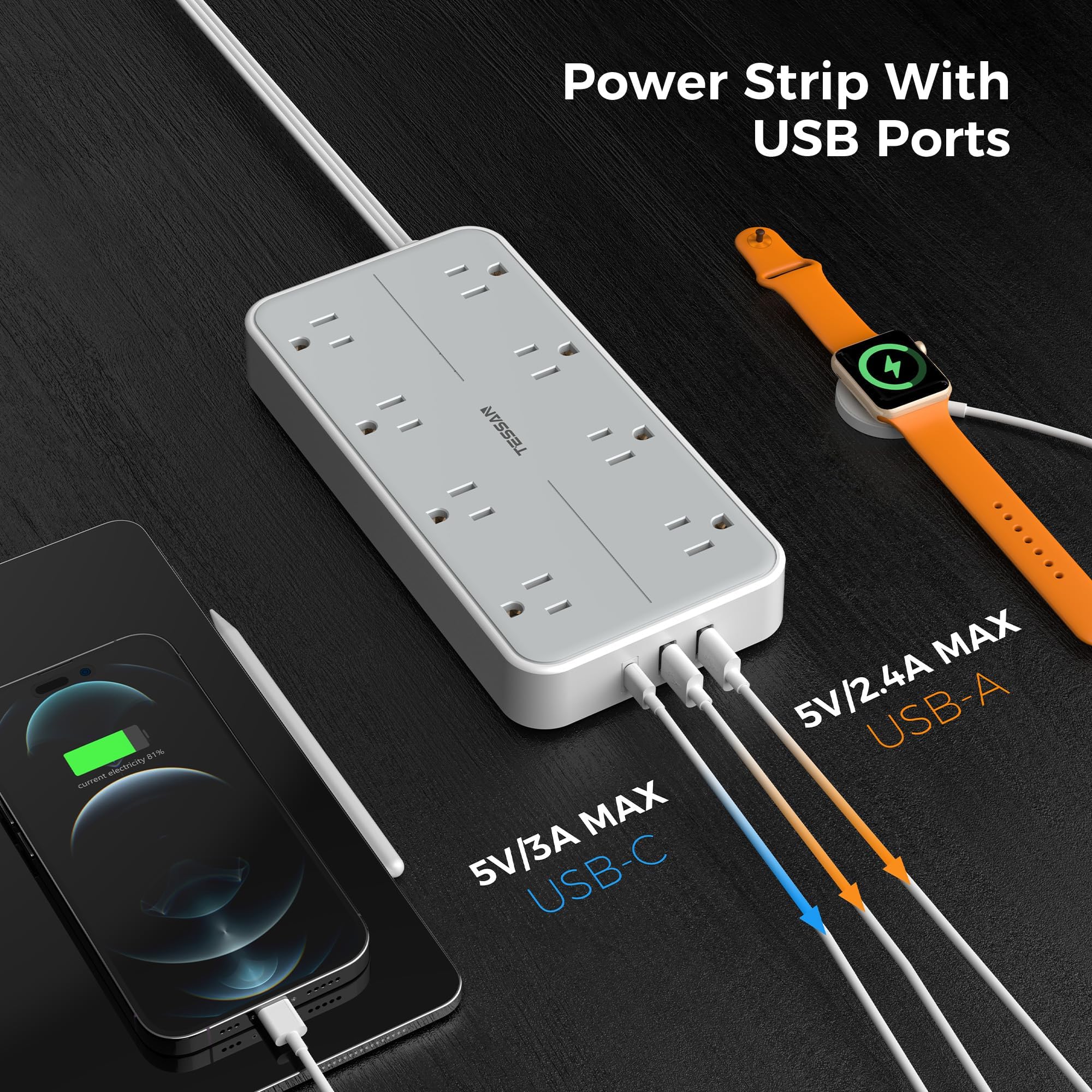 TESSAN Flat Plug Power Bars with Surge Protector 1080J, 6 Ft 🍁 All In One Marketplace Canada