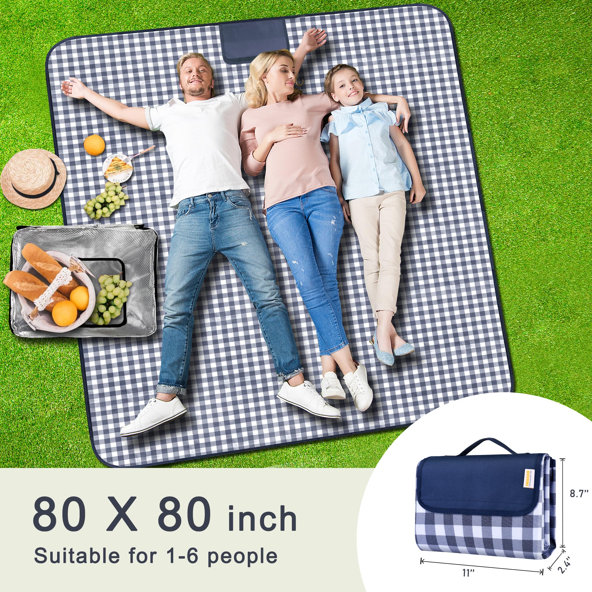 SAMSIER Large Outdoor Picnic Blankets Waterproof Foldable, Beach Blanket Sandproof Portable, Cute Picnic Mat Washable (Navy Blue, 80