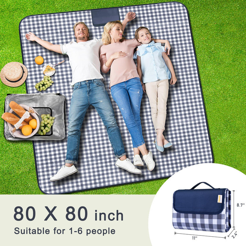 SAMSIER Large Outdoor Picnic Blankets Waterproof Foldable, Beach Blanket Sandproof Portable, Cute Picnic Mat Washable (Navy Blue, 80