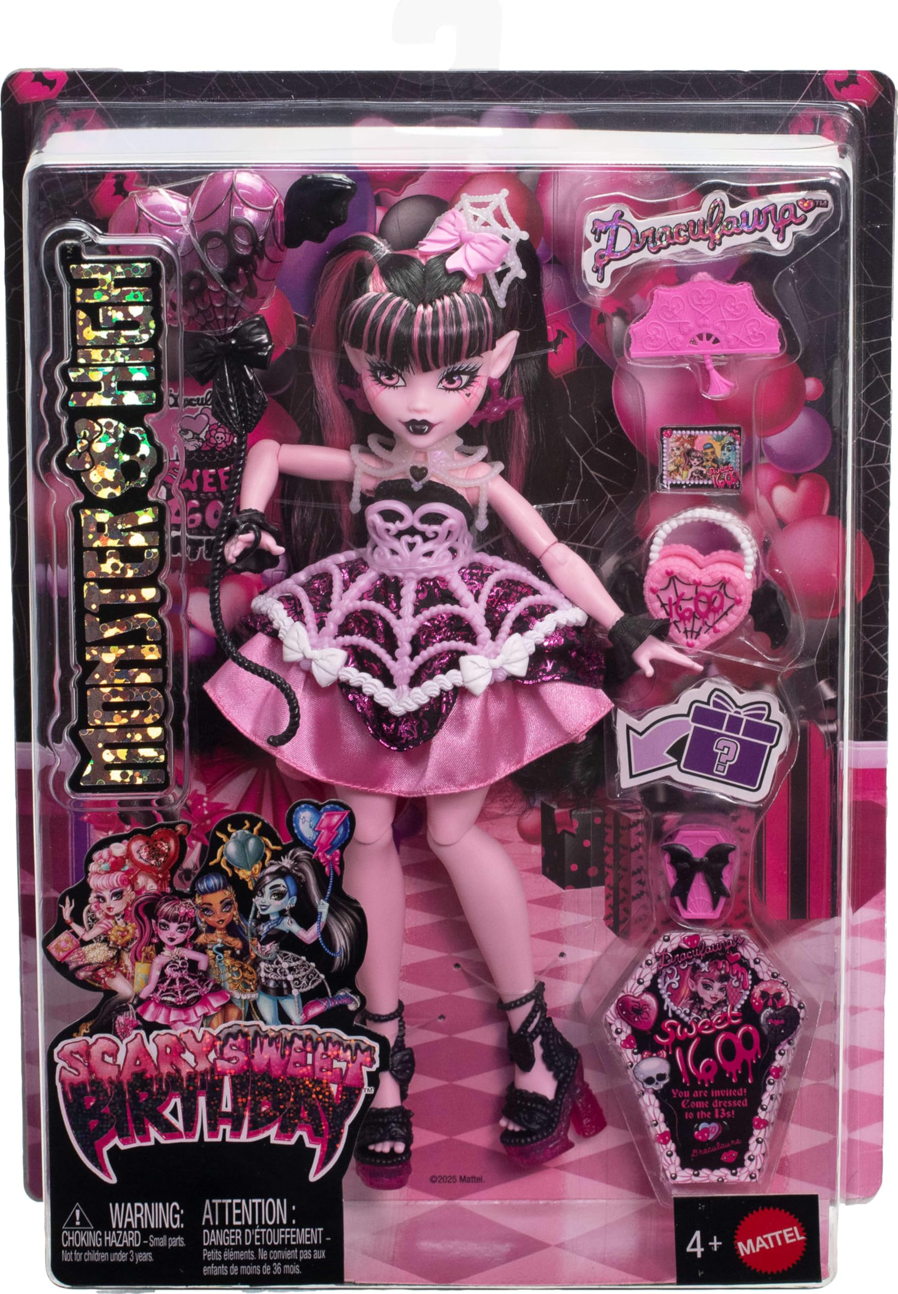Monster High Scary Sweet Birthday Doll, Draculaura in Pink Party Dress with Themed Accessories Like Invite, Balloon, Gift, Fan and More 🍁 All In One Marketplace Canada