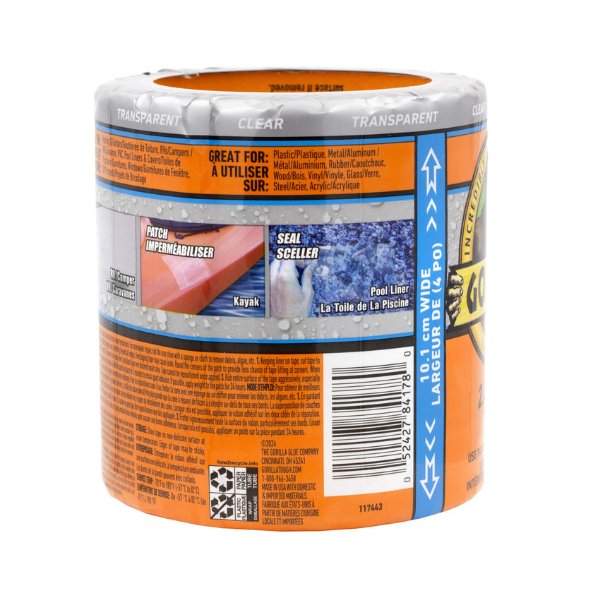 Gorilla Waterproof Patch & Seal Tape, Heavy-Duty, Instantly Seals, Works Underwater, Indoor/Outdoor, Flexible Permanent Bond, 4 in x 8 ft, Clear, 1 Pack 🍁 All In One Marketplace Canada