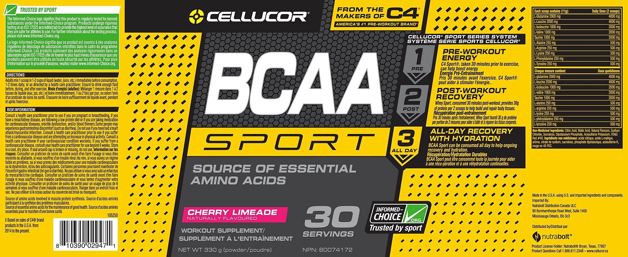 Cellucor BCAA Sport Recovery Powder - Post & Intra Workout Energy Supplement - Cherry Limeade, 30 Servings 🍁 All In One Marketplace Canada