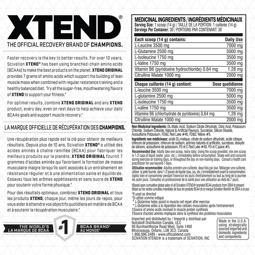 Scivation XTEND Original BCAA Powder - Sugar-Free Muscle Recovery with 7g BCAA, 2.5g L-Glutamine - Mango Madness, 30 Servings 🍁 All In One Marketplace Canada