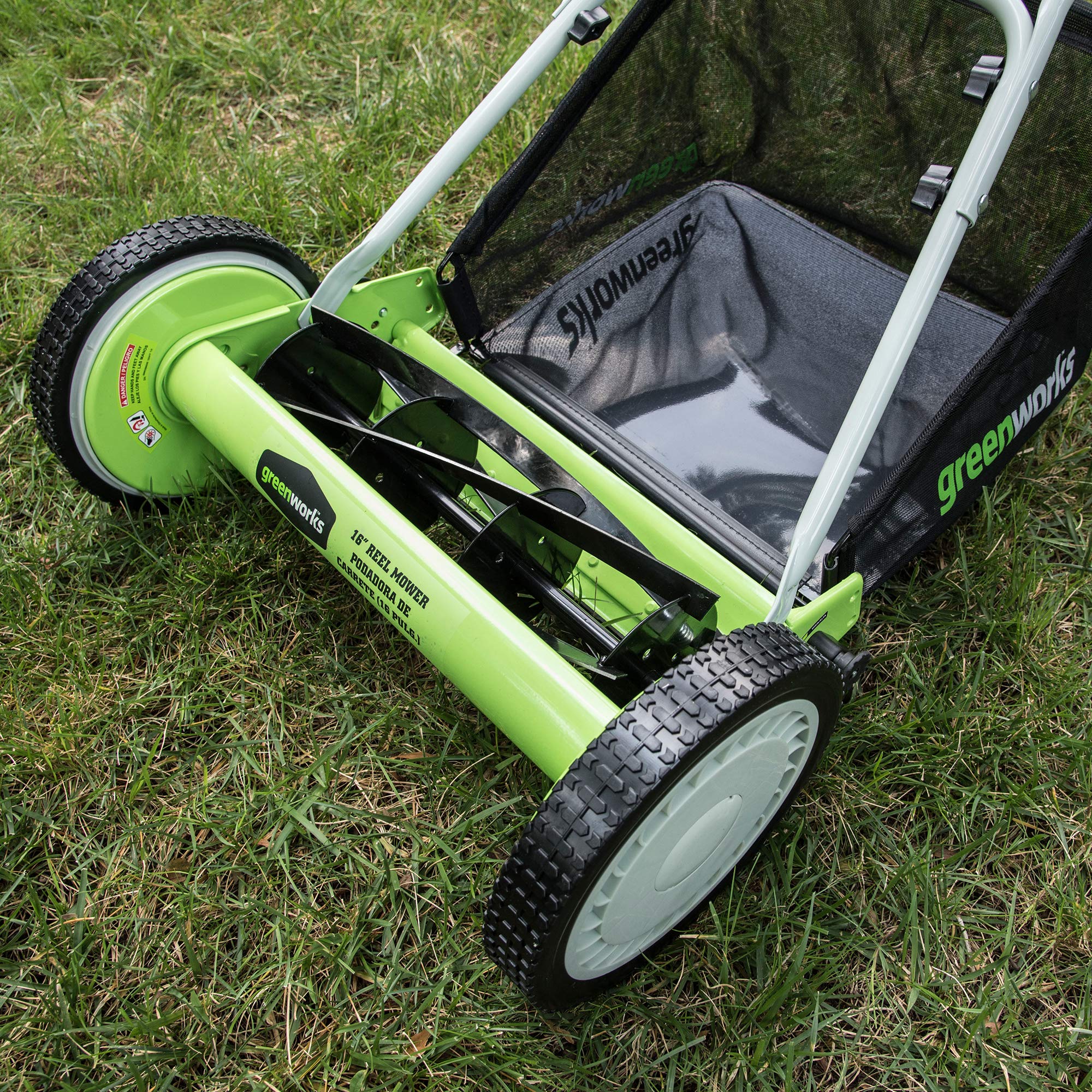 Greenworks 16-Inch Reel Lawn Mower with Grass Catcher 25052,Black/Green, 47