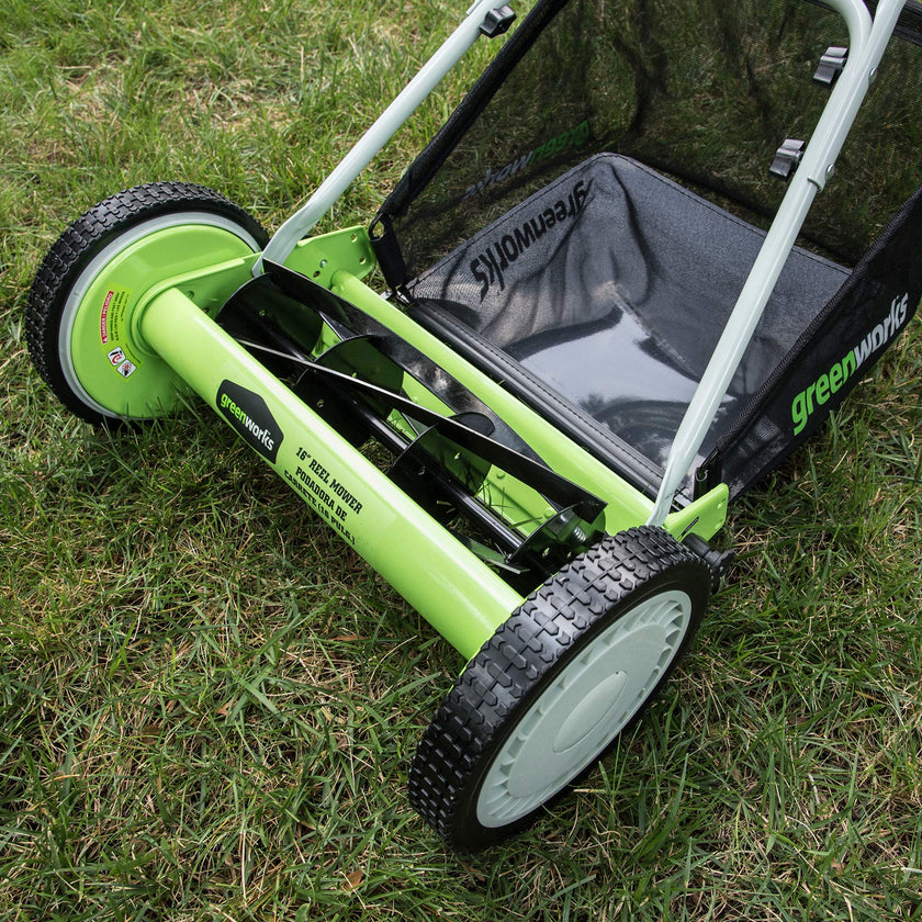 Greenworks 16-Inch Reel Lawn Mower with Grass Catcher 25052,Black/Green, 47
