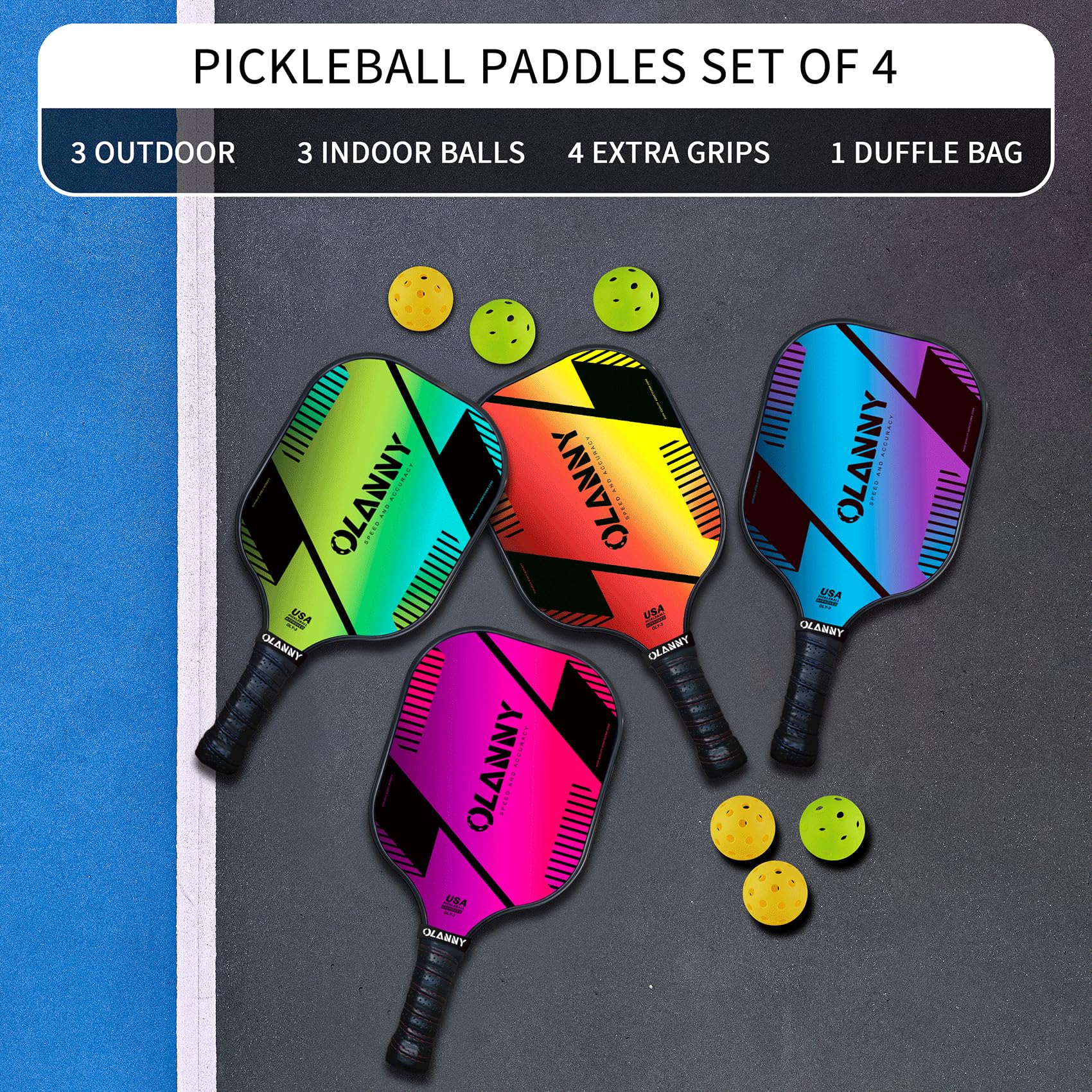 OLANNY Graphite Pickleball Paddles 4 Pack - Premium Rackets Fiber Face & Polymer Honeycomb Core Pickleball Set Includes 4 Pickleball Paddles + Balls+1 Bag (Gradient Pickleball Paddles) 🍁 All In One Marketplace Canada