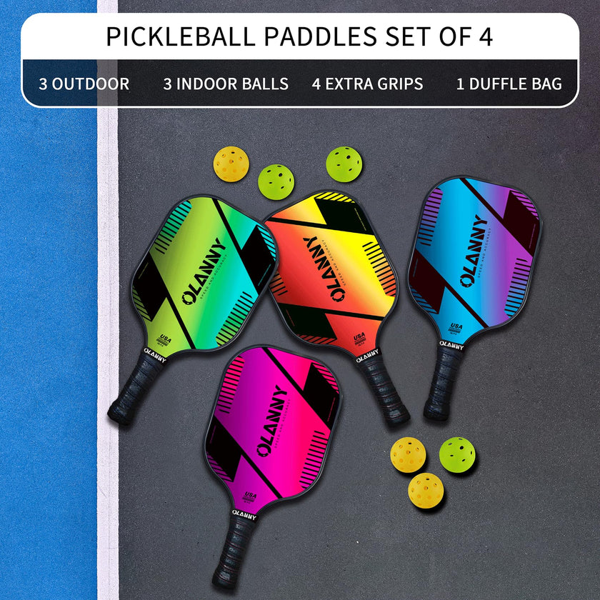 OLANNY Graphite Pickleball Paddles 4 Pack - Premium Rackets Fiber Face & Polymer Honeycomb Core Pickleball Set Includes 4 Pickleball Paddles + Balls+1 Bag (Gradient Pickleball Paddles) 🍁 All In One Marketplace Canada