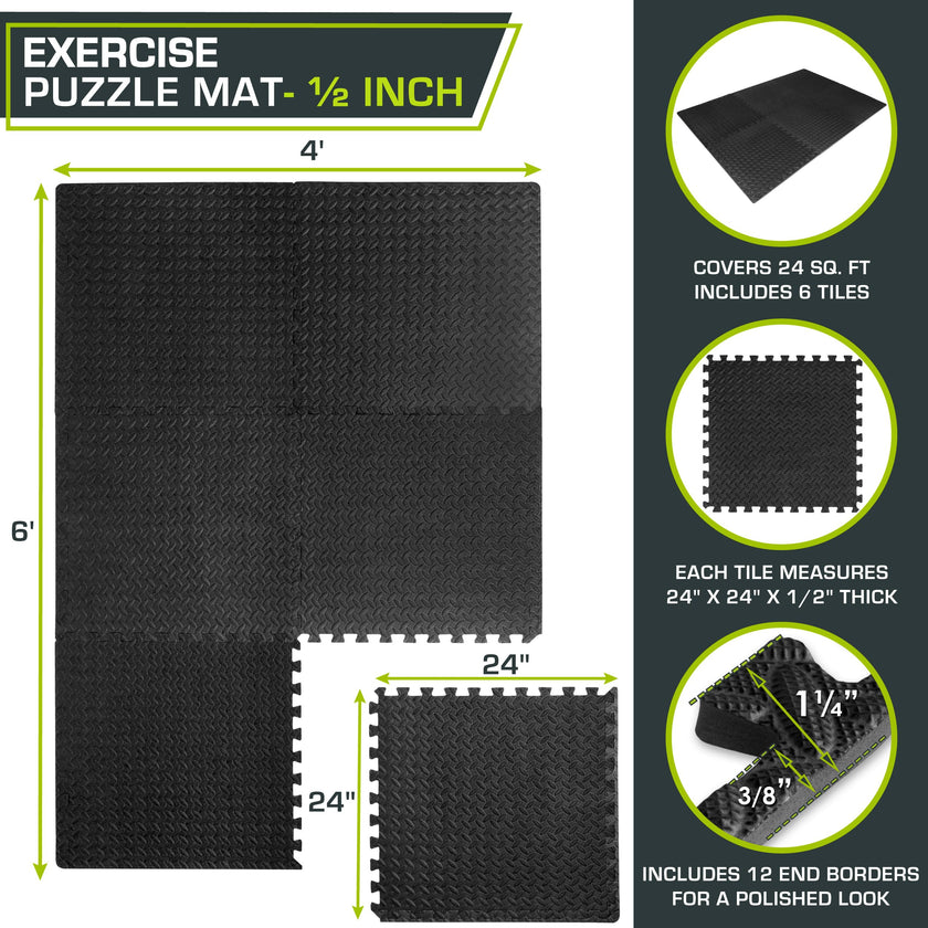 ProsourceFit Exercise Puzzle Mat 1/2-inch, EVA Interlocking Foam Floor Tiles for Home Gym, Workout Equipment, Kids Play Areas, Black, 24 SQ FT - 6 Tiles 🍁 All In One Marketplace Canada