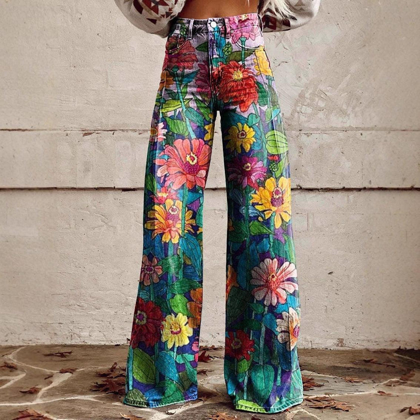 Graphic Printed Pants for Women – Stretch Denim Look Casual Trousers
