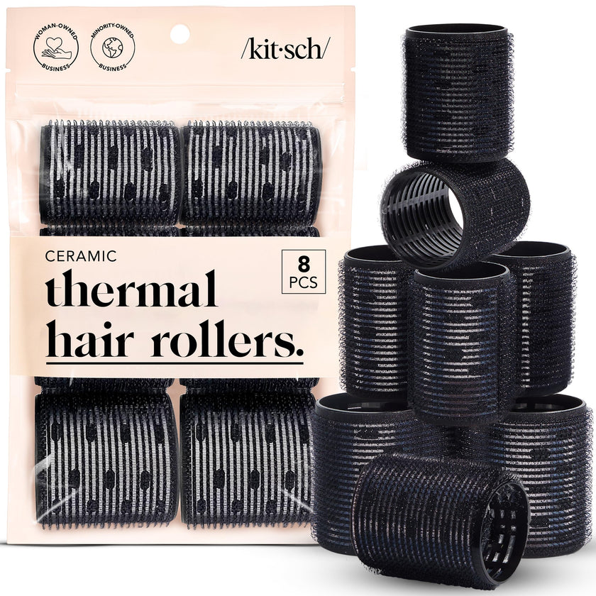 Kitsch Ceramic Thermal Hair Rollers for Women – Self Grip Hair Curlers for Heatless Curls Overnight - Volumizing Large Rollers for Short & Long Hair - For Long Lasting Frizz-Free Curls - Black, 8pcs 🍁 All In One Marketplace Canada