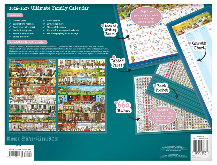 2027 MotherWord Deluxe Magnetic Ultimate Family Calendar and Chore Chart, 16-Month Family Planner, Sept 2026-Dec 2027, English, Large Deluxe Version, 18