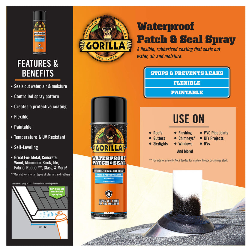 Gorilla Waterproof Patch & Seal Spray, Flexible Rubberized Coating, Seals Out Water Air & Moisture, Stops & Prevents Leaks, Black, 16oz/453g, (Pack of 1) 🍁 All In One Marketplace Canada