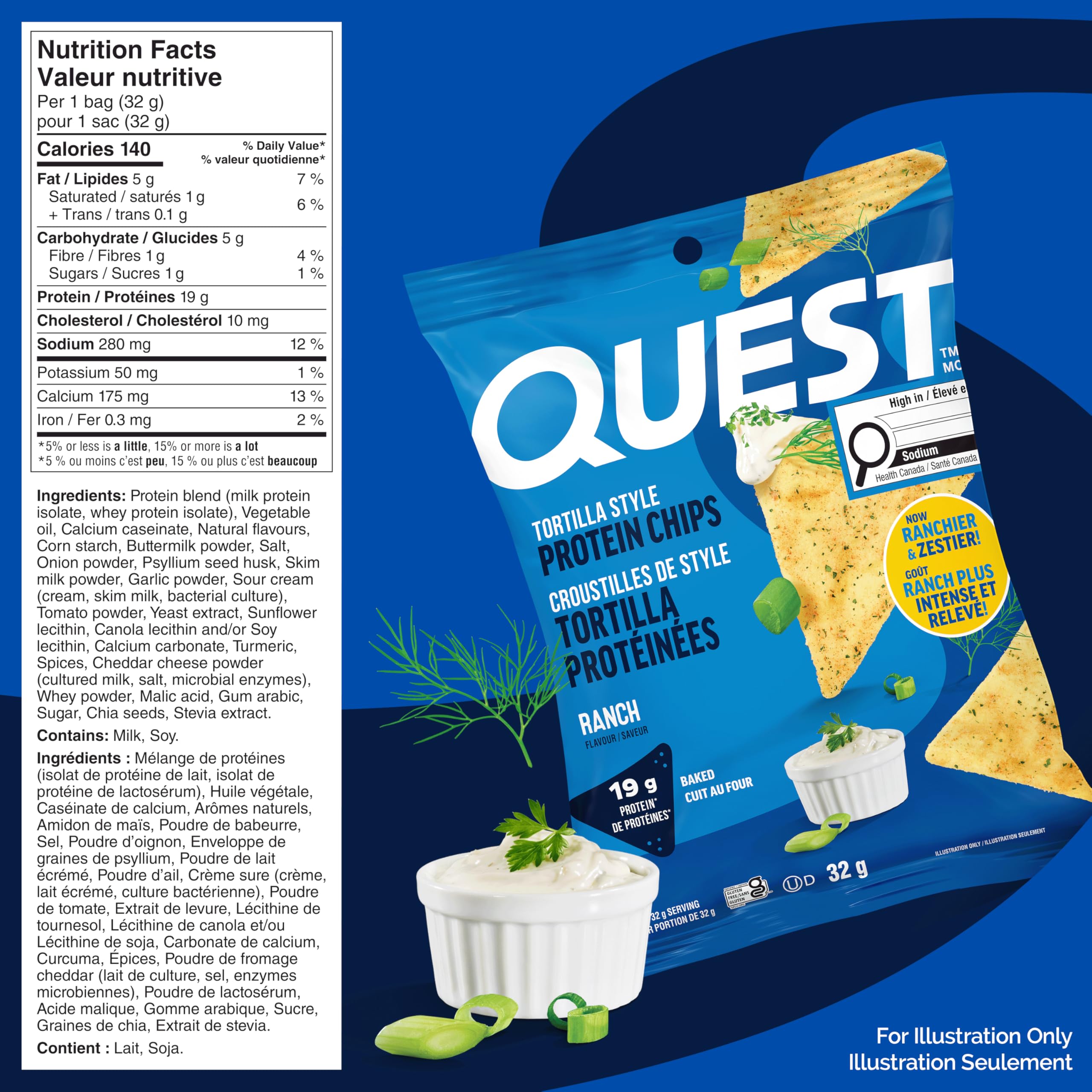 Quest Nutrition Tortilla Style Protein Chips, Ranch, High Protein, Baked, Not Fried, Gluten Free, 1g Sugar, 5g Carbs, 8ct 🍁 All In One Marketplace Canada
