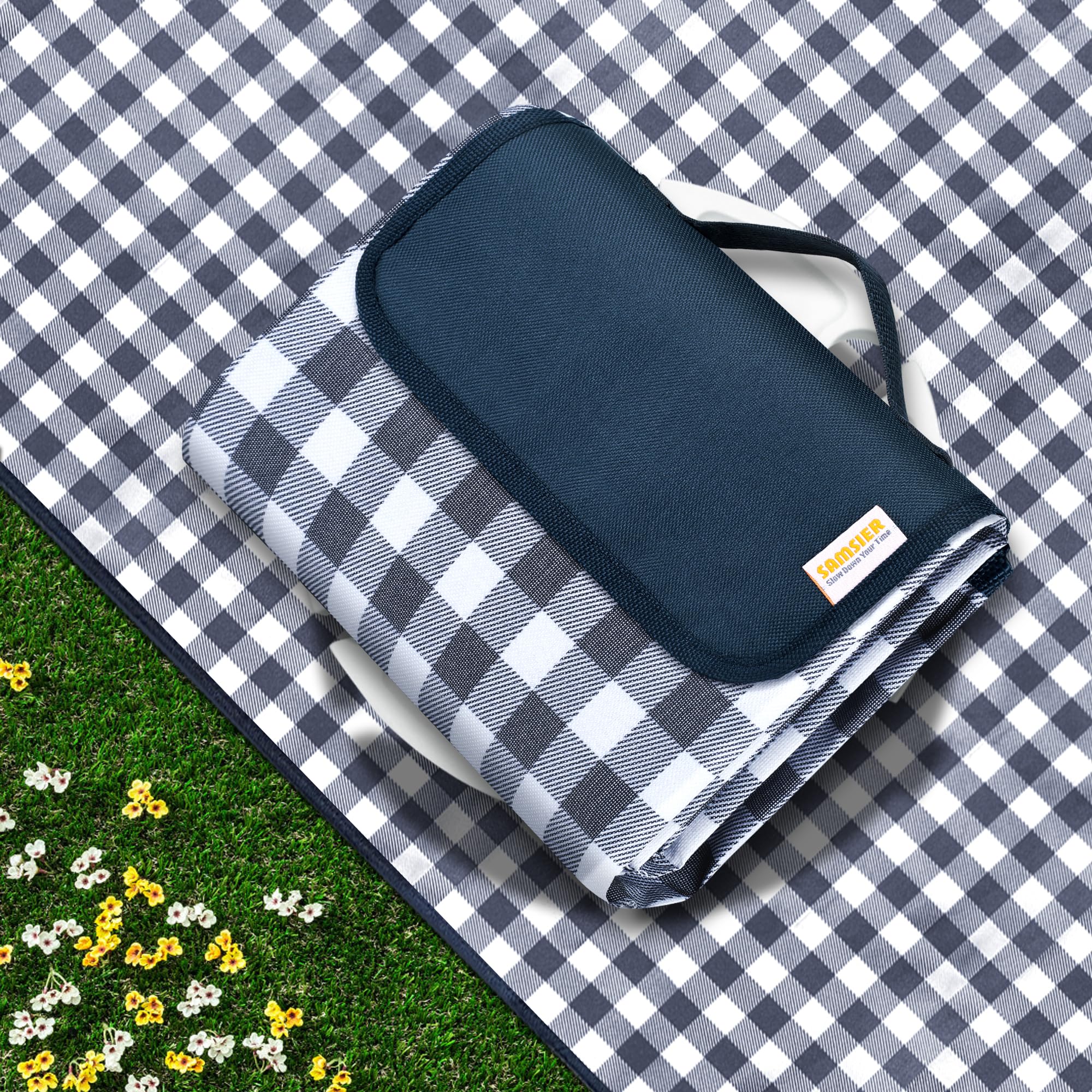 SAMSIER Large Outdoor Picnic Blankets Waterproof Foldable, Beach Blanket Sandproof Portable, Cute Picnic Mat Washable (Navy Blue, 60