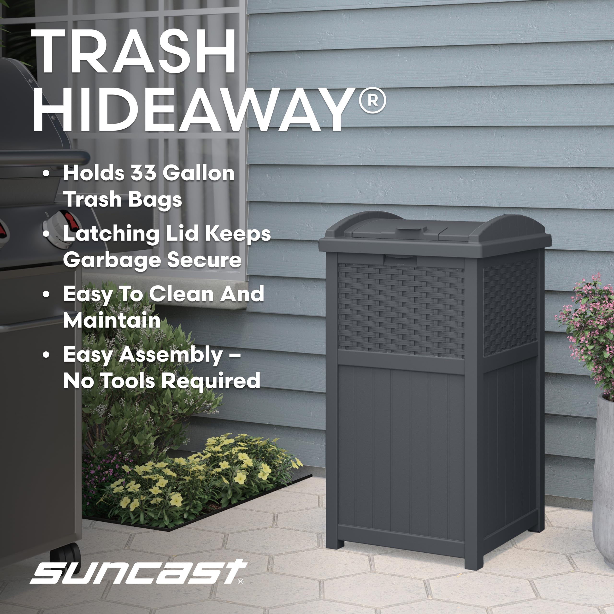Suncast 33 Gallon Wicker-Style Hideaway Trash Can with Secure Latching Lid and Weather-Resistant Construction for Patio, Cyberspace Grey, Made in the USA 🍁 All In One Marketplace Canada