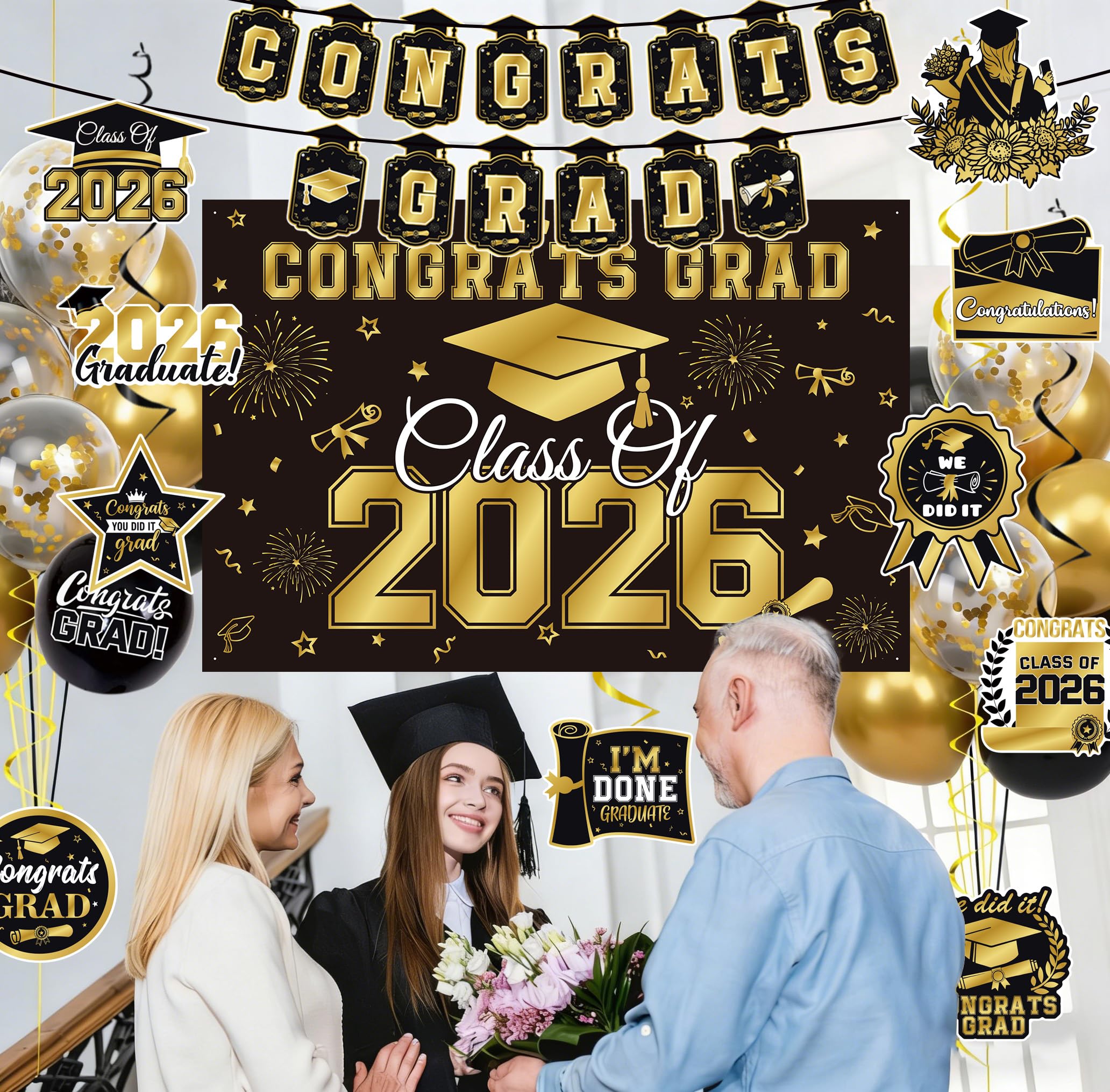 Graduation Decorations 2026 Black Gold 35PCS, Pre-Strung Congrats Grad Banner, Class of 2026 Backdrop, Balloons, Hanging Swirls, Graduation Party Decorations,PRE-ASSEMBLED 🍁 All In One Marketplace Canada
