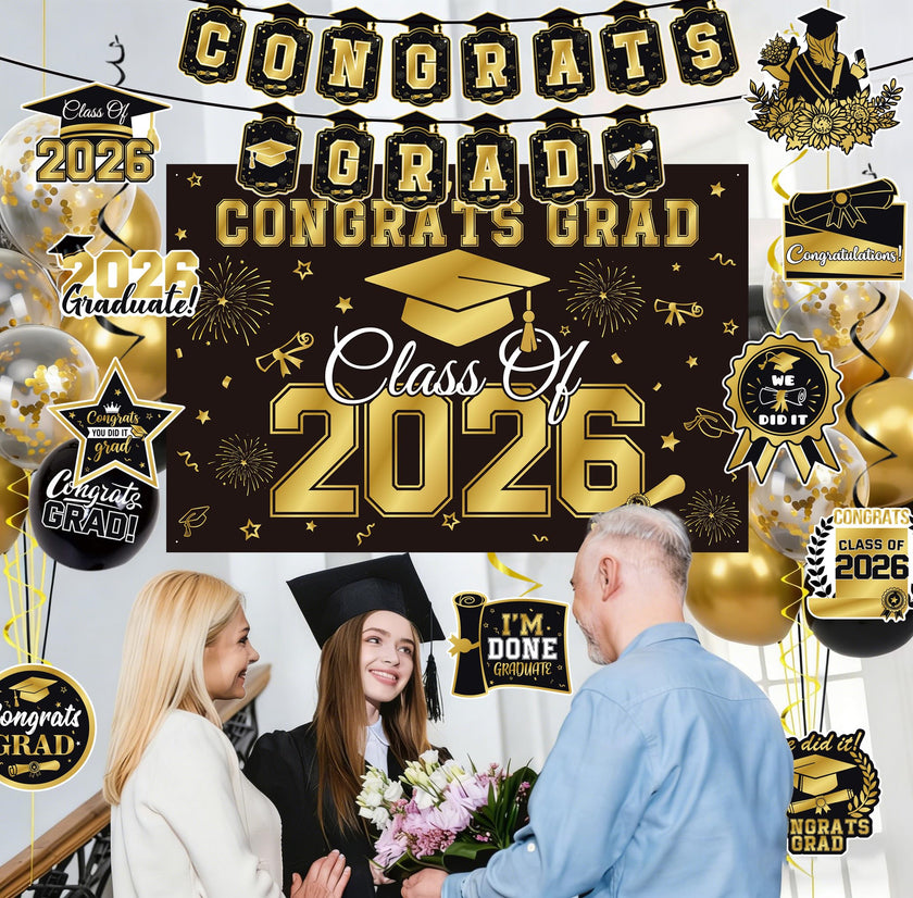 Graduation Decorations 2026 Black Gold 35PCS, Pre-Strung Congrats Grad Banner, Class of 2026 Backdrop, Balloons, Hanging Swirls, Graduation Party Decorations,PRE-ASSEMBLED 🍁 All In One Marketplace Canada