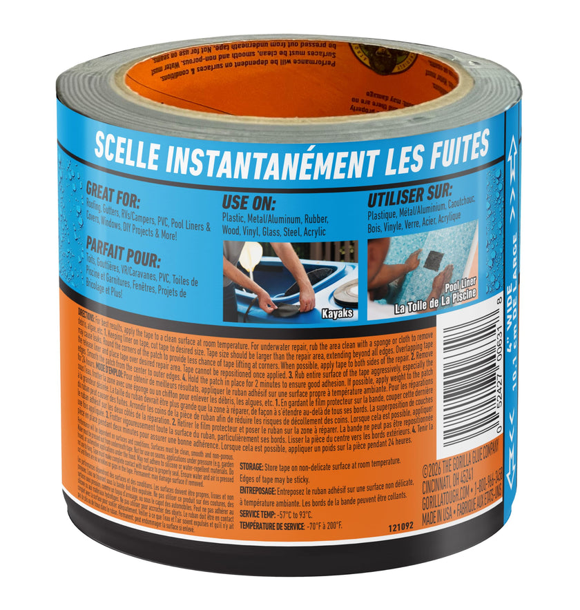 Gorilla Waterproof Patch & Seal Tape, Heavy-Duty, Instantly Seals, Works Underwater, Indoor/Outdoor, Flexible Permanent Bond, 4 in x 10 ft, Black, 1 Pack 🍁 All In One Marketplace Canada
