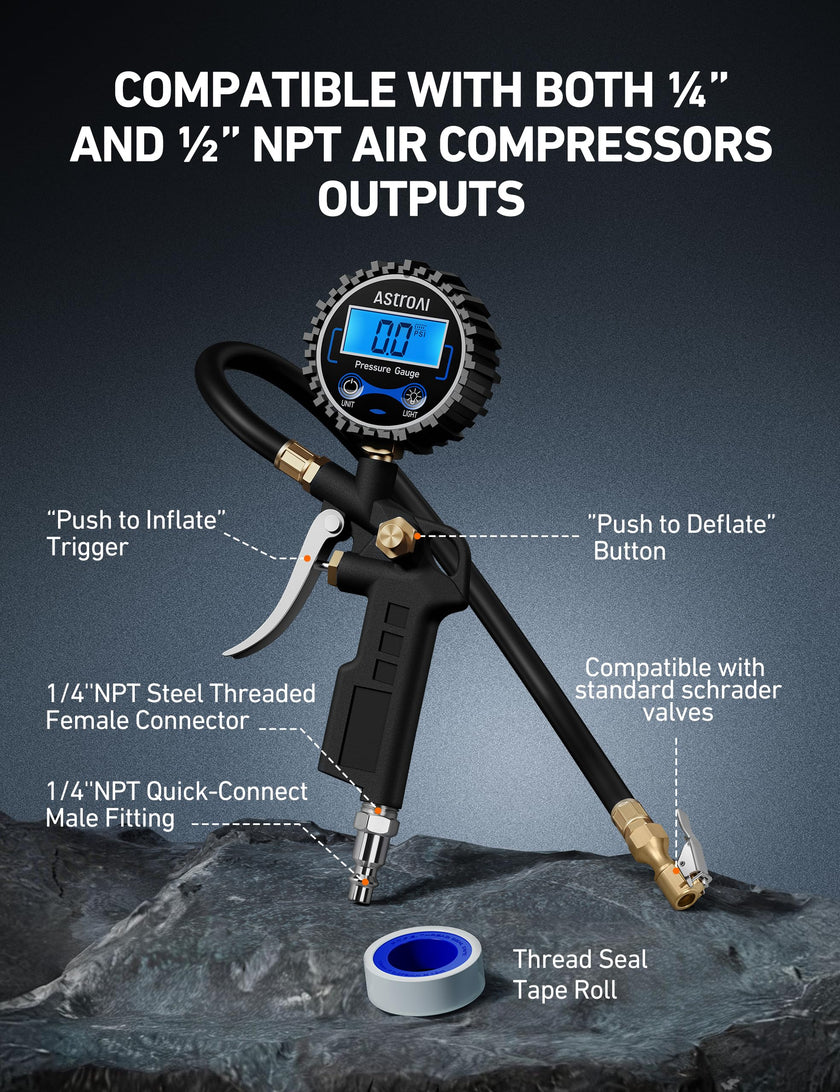 AstroAI Digital Tire Inflator with Pressure Gauge 250 PSI, Heavy Duty Air Compressor Accessory with Precision Air Chuck, Backlit LCD, 4 Unit Settings, Compatible with Car, Truck, SUV & Motorcycle 🍁 All In One Marketplace Canada