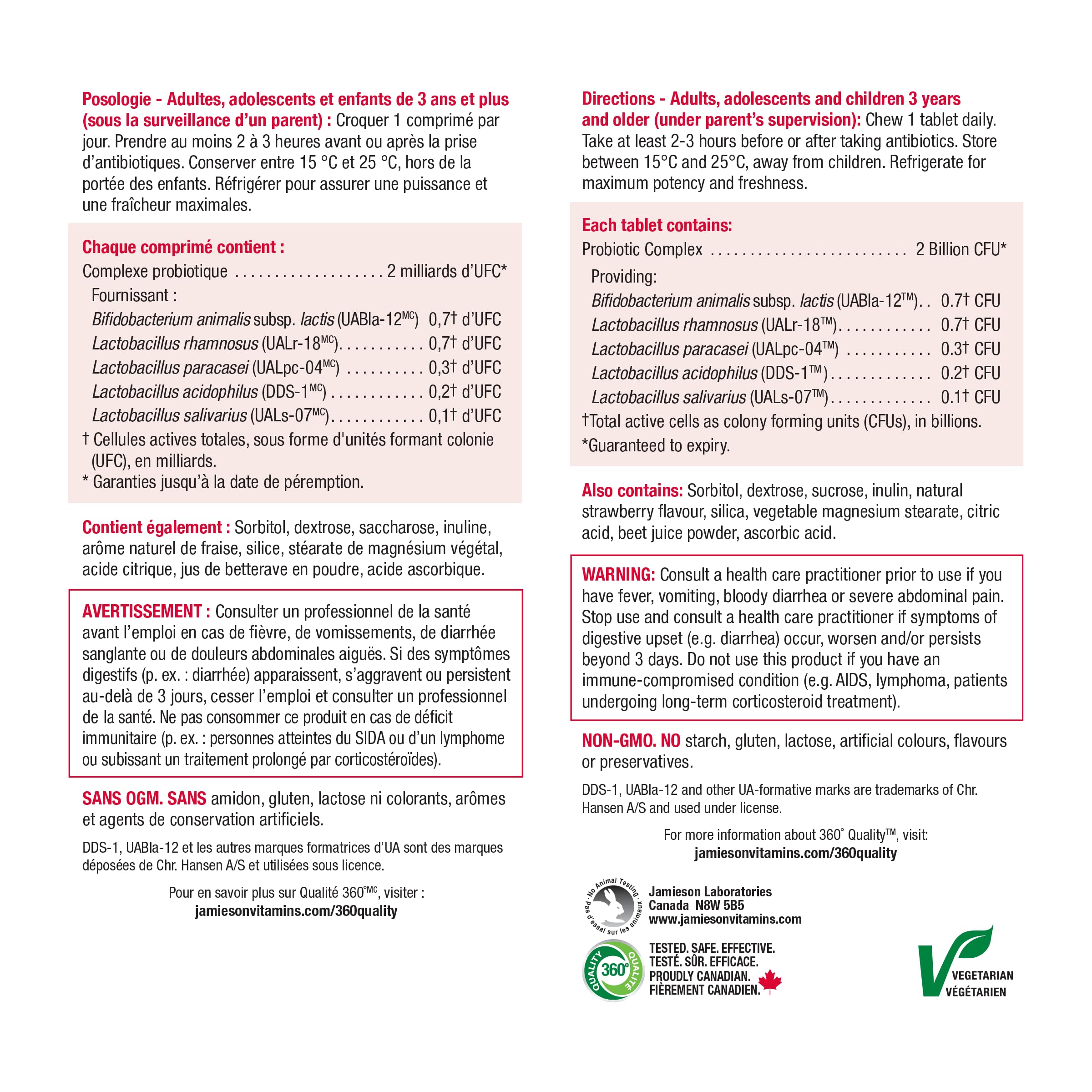 Jamieson Chewable Probiotic 2 Billion Active Cells Natural Strawberry Flavour, Family Friendly (3+), Supports Digestive Health. 5 Unique Strains, Including Lactobacillus and Bifidobacterium, Non-GMO, No Artificial Colours, Flavours, or Preservatives, 60 C