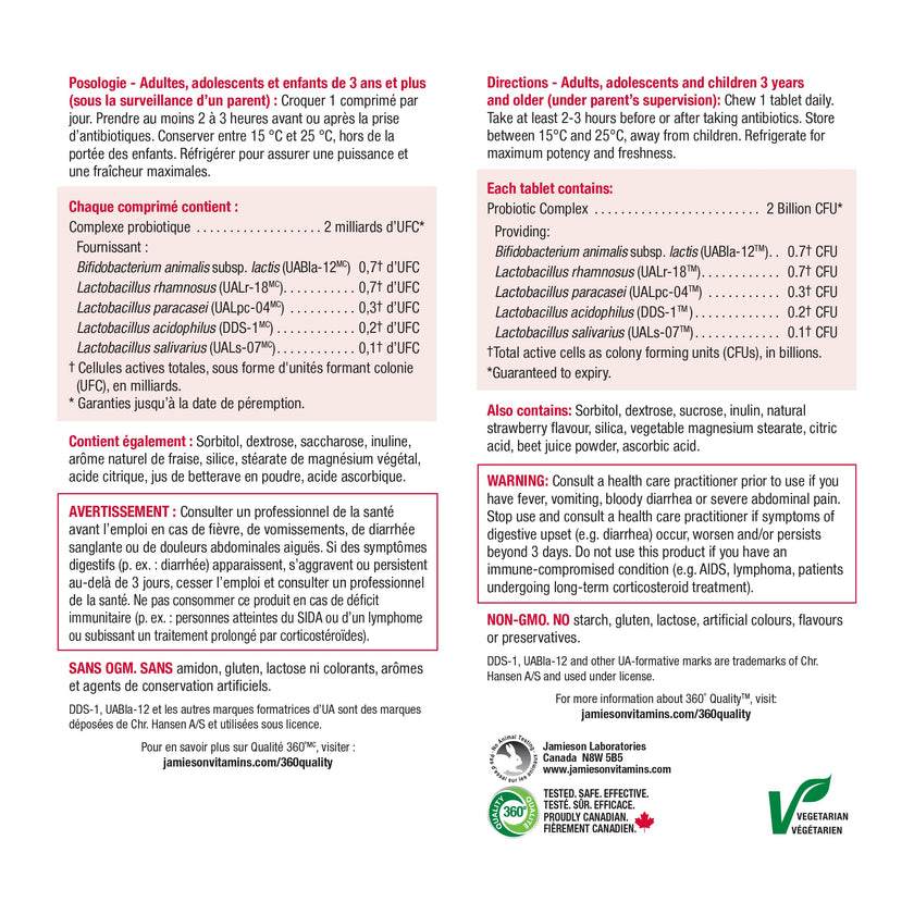 Jamieson Chewable Probiotic 2 Billion Active Cells Natural Strawberry Flavour, Family Friendly (3+), Supports Digestive Health. 5 Unique Strains, Including Lactobacillus and Bifidobacterium, Non-GMO, No Artificial Colours, Flavours, or Preservatives, 60 C