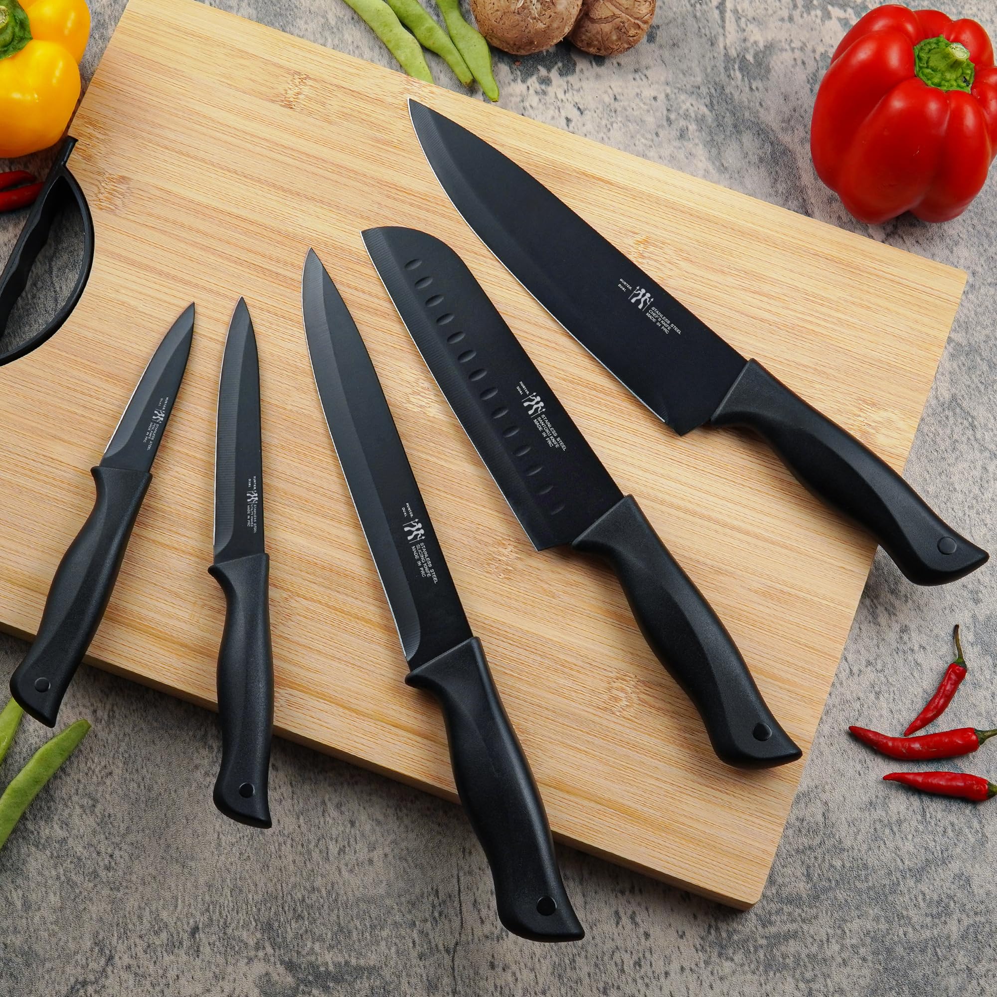 HUNTER.DUAL Knife Set, Dishwasher Safe Kitchen Knife Set with Block, 15 Pcs Black Kitchen Knife Sets with Block Self Sharpening, 6 Steak Knives, Black 🍁 All In One Marketplace Canada