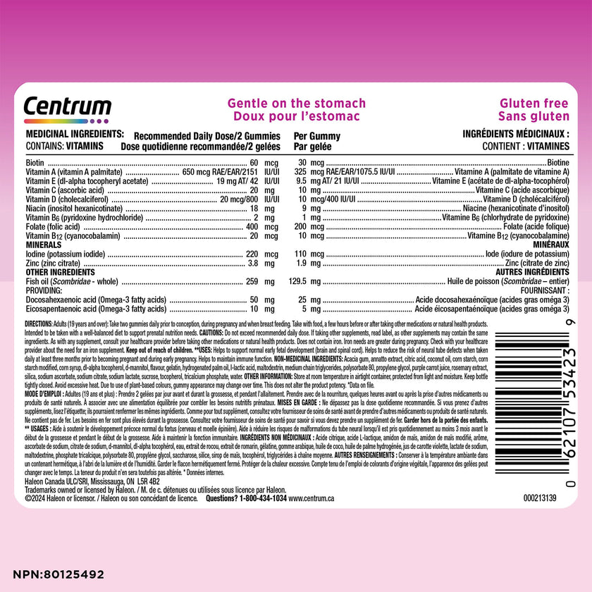 Centrum Prenatal Multigummies with DHA and Folic Acid, Postpartum Multivitamin and Mineral Supplement, 60 count, 30 day supply. 🍁 All In One Marketplace Canada