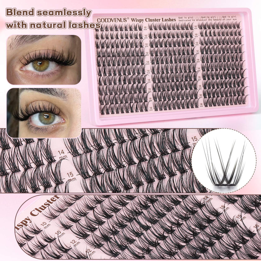 Goddvenus Cluster Lashes Kit Wispy Natural 300pcs Eyelashes Clusters 10-16mm DIY Eyelash Extensions Kit C Curl Individual Lashes for DIY Lash Extension 🍁 All In One Marketplace Canada