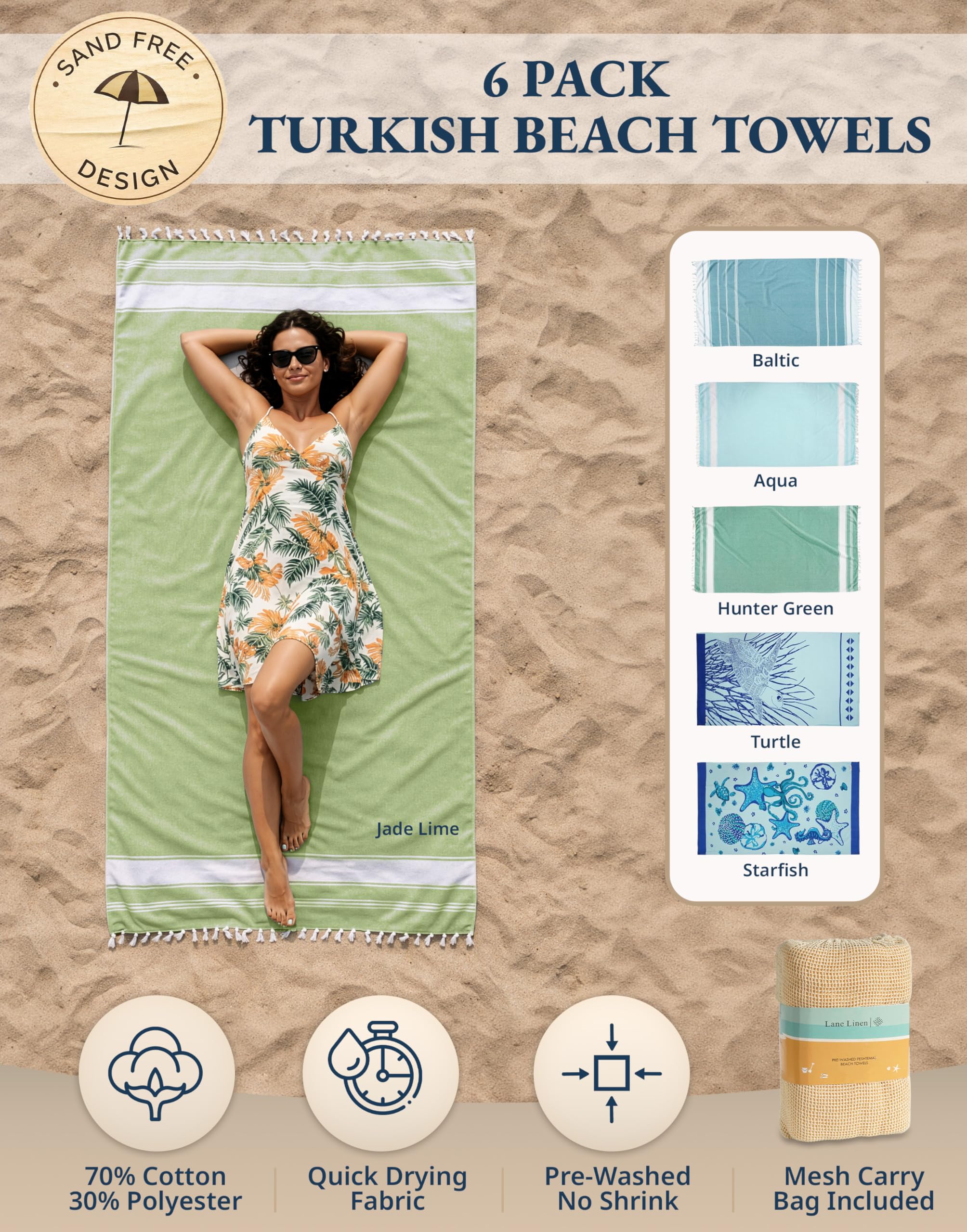 Lane Linen Turkish Beach Towels Set of 6, Oversized Beach Towel, Lightweight Beach Essentials for Women, Large Pool Towel, Absorbent & Quick Dry, Sand Free Beach Towel, 39