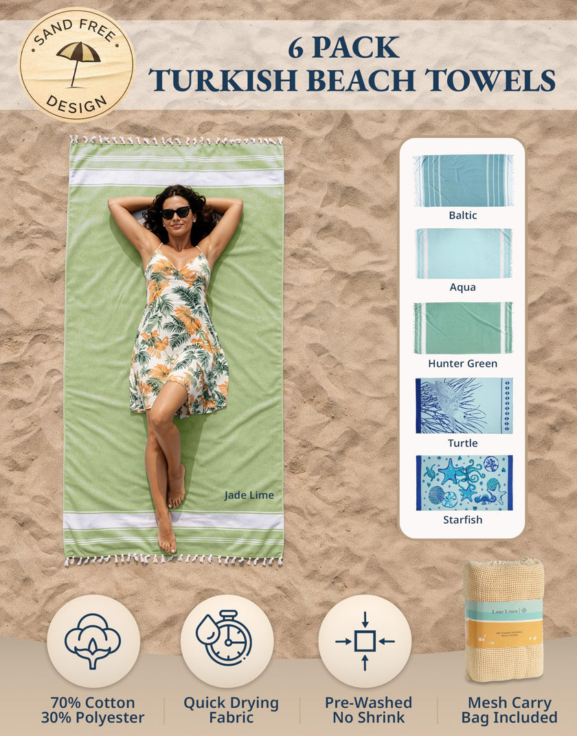 Lane Linen Turkish Beach Towels Set of 6, Oversized Beach Towel, Lightweight Beach Essentials for Women, Large Pool Towel, Absorbent & Quick Dry, Sand Free Beach Towel, 39