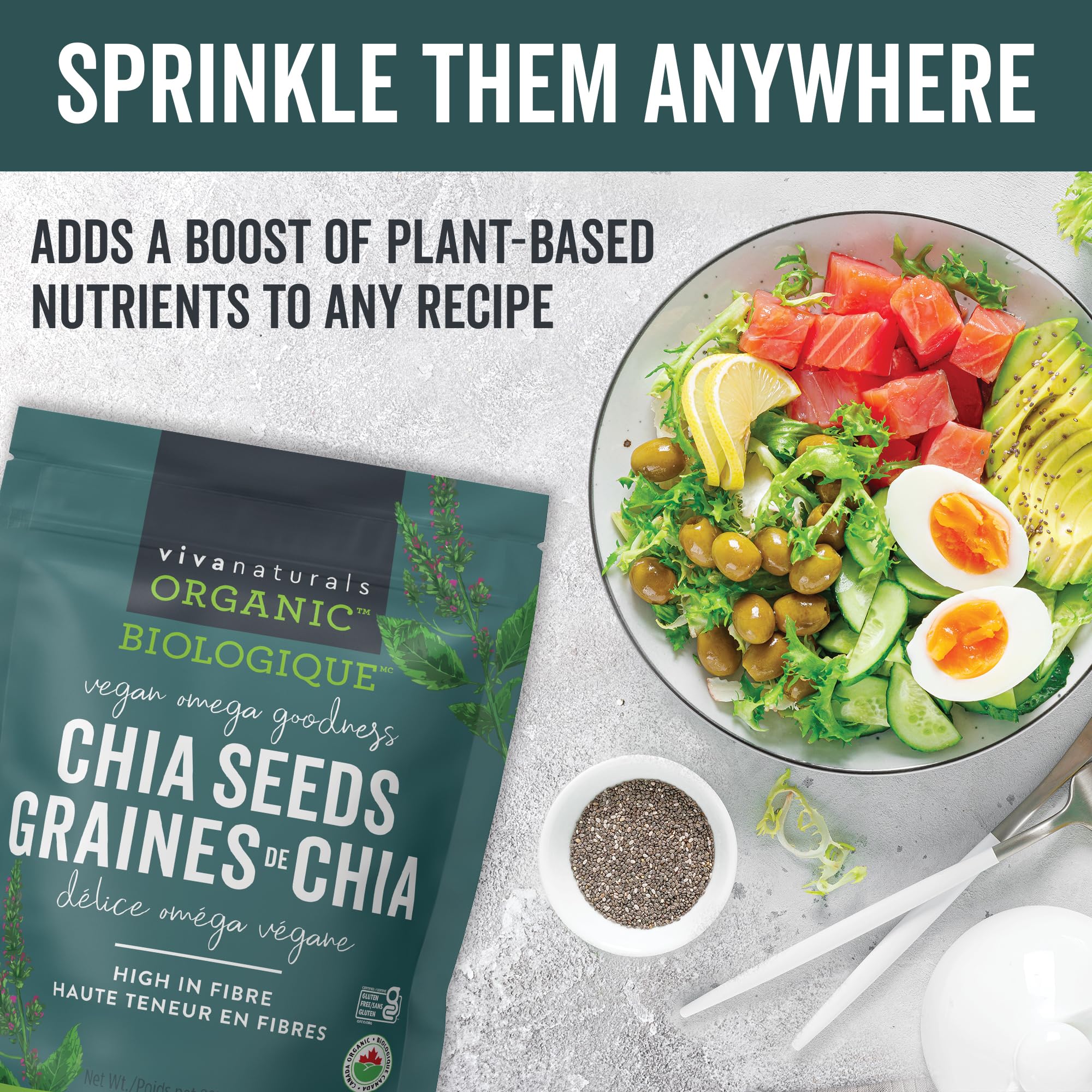 Viva Naturals Organic Chia Seeds, 2 lb – Plant-Based Omega-3s & 6s and Vegan Protein, Non-GMO, Black Chia Seeds Organic, Graine de Chia – Perfect for Smoothies, Salads, and Chia Seed Pudding 🍁 All In One Marketplace Canada