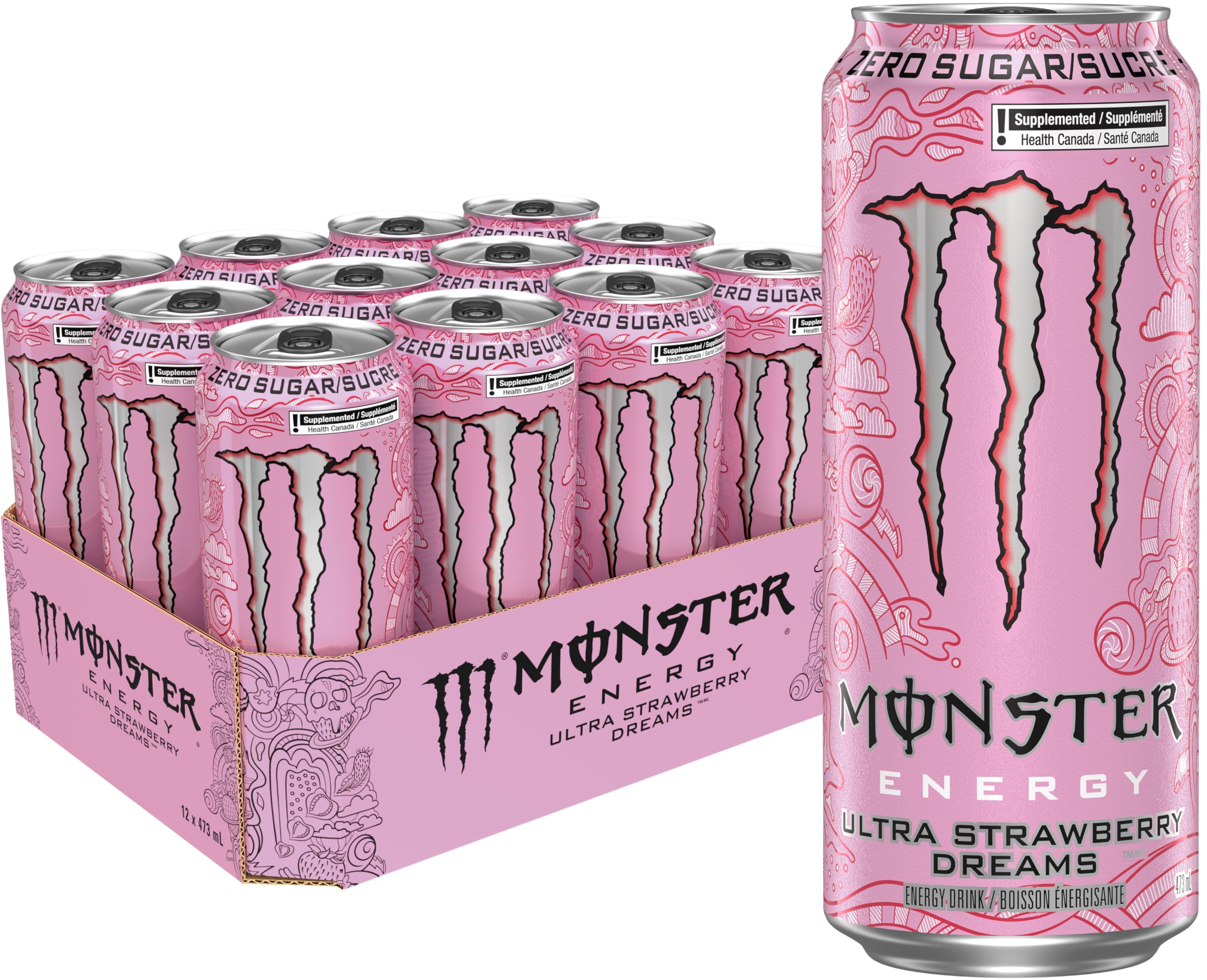 MONSTER ENERGY, Ultra Strawberry Dreams, 473 mL Cans (12 Pack) – Zero Sugar Energy Drink 🍁 All In One Marketplace Canada