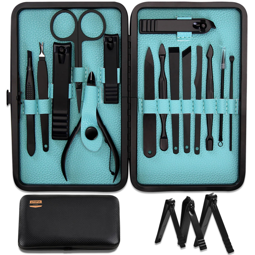 Utopia Care - 15 in 1 Stainless Steel Professional Manicure Pedicure Set Nail Clippers Kit – Portable Travel Grooming Kit - Facial, Cuticle and Nail Care for Men and Women (Black) 🍁 All In One Marketplace Canada