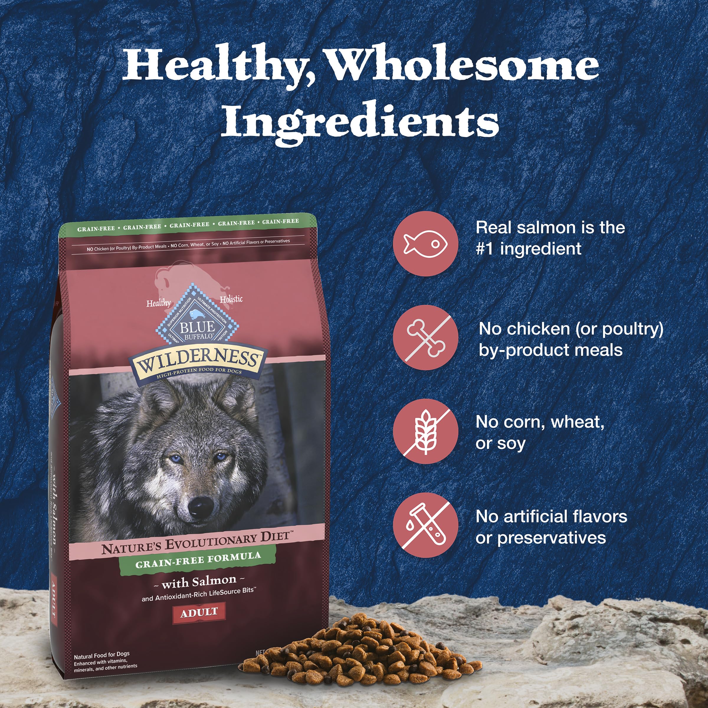 Blue Buffalo Wilderness with Salmon High Protein Grain Free Dry Dog Food for Adult Dogs, 34% Protein, Supports Immunity with Antioxidant-Rich LifeSource Bits 10.8 Kg/24lbs Bag 🍁 All In One Marketplace Canada