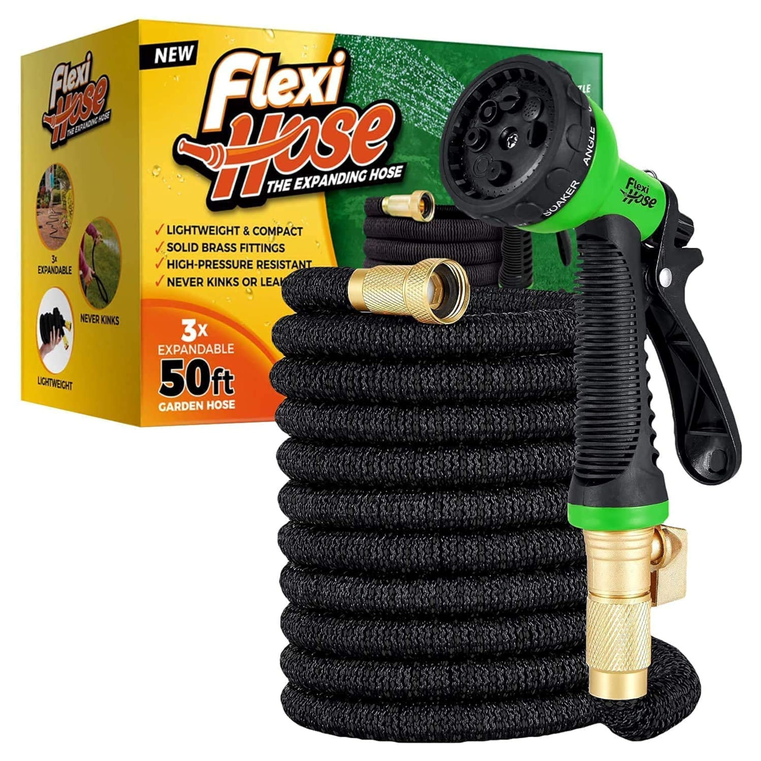 Flexi Hose with 8 Function Nozzle Expandable Garden Hose, Lightweight & No-Kink Flexible Garden Hose, 3/4 inch Solid Brass Fittings and Double Latex Core, 50 ft Black 🍁 All In One Marketplace Canada
