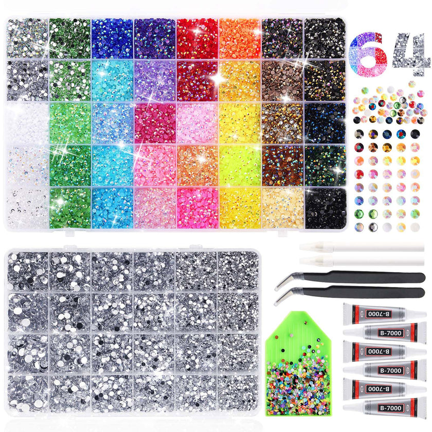 62,000pcs/64-Cells Bedazzling Kit, with 32,000pcs 3mm Nail Rhinestones in 40Colors for Bedazzling & 30,000pcs Clear Flatback Nail gems,6 Bottles B7000 Jewelry Glue, 2 Tweezers & 2 Dotting Pens 🍁 All In One Marketplace Canada